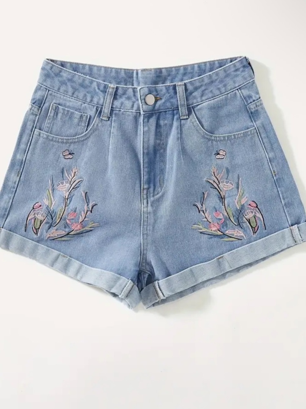 Embroidered Light Blue Denim High-Rise Shorts - Women's